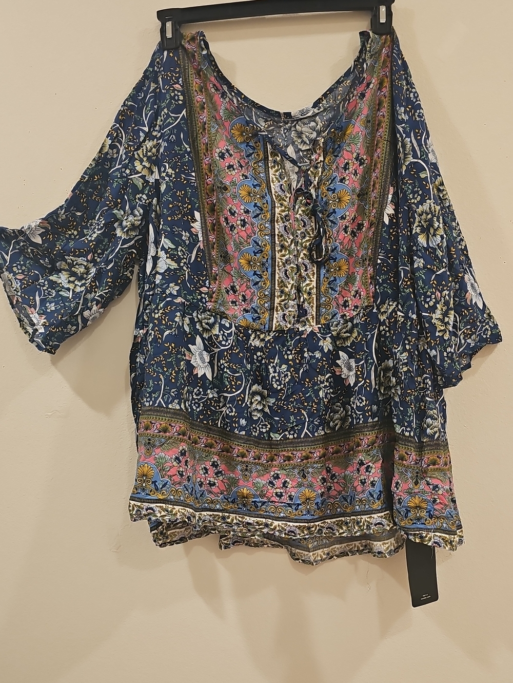 SHEIN Navy Floral Lace-Up Peasant Tunic with Pink Border